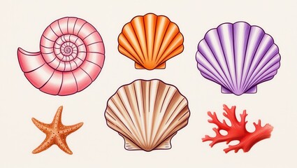 Vibrant Collection of Seashells Starfish and Coral Nautical Summer Ocean Life Illustration