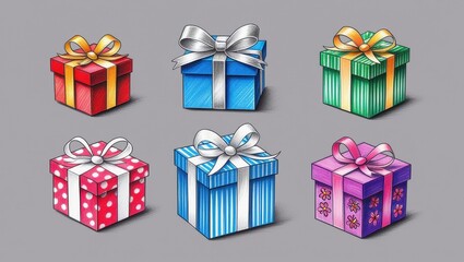 Fototapeta premium Colorful Hand Drawn Gift Boxes with Bows Presents Holiday Illustration