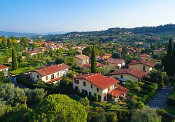 Obraz premium Aerial view of a residential area in Italy, where there is a row with many houses and green trees between them. The buildings have red roof tiles