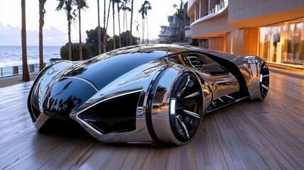 A futuristic metallic car with sleek, angular shapes