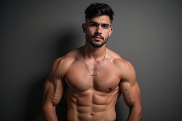 Strong Athletic Man Posing with Defined Muscles Against a Dark Background, Showcasing Fitness Enthusiasm and Bodybuilding Aesthetics for Stock Photography