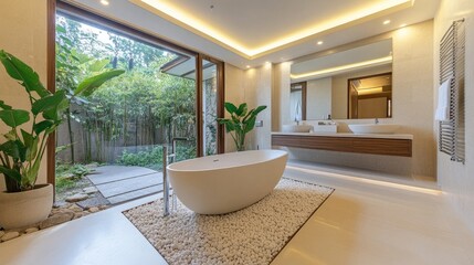 Fototapeta premium A modern bathroom with a minimalist design, showcasing a freestanding bathtub, sleek fixtures, and natural stone accents, creating a spa-like ambiance.