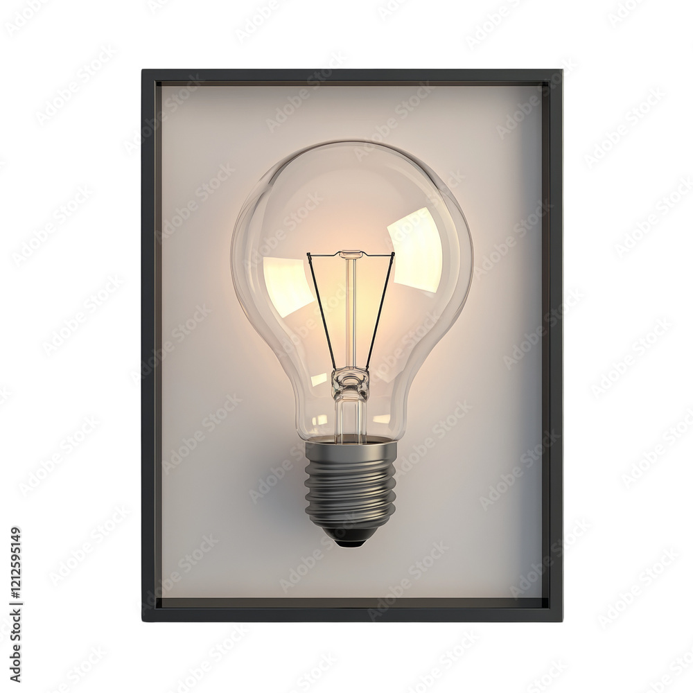 Poster a glowing lightbulb is centrally positioned within a minimalist black frame against a plain white ba
