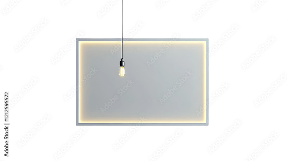 Poster a minimalist image showcasing a rectangular frame with integrated lighting and a single hanging ligh