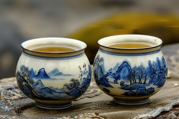 Two intricately designed teacups filled with tea, featuring traditional blue and white patterns, set against a serene natural backdrop.