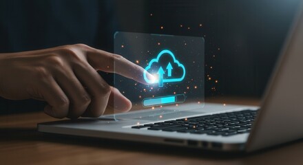 a human hand interacting with a touchscreen interface that displays a cloud computing digital upload icon.