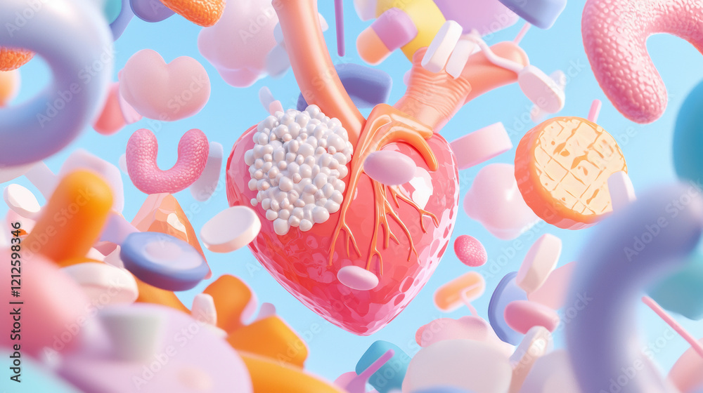 Poster vibrant heart surrounded by colorful molecules, representing ldl and hdl cholesterol. image conveys 
