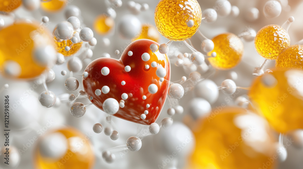 Poster close up of heart surrounded by LDL and HDL molecules, symbolizing health. vibrant colors create dynamic and engaging visual