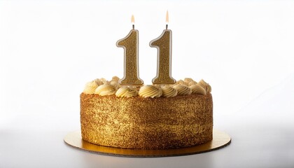 Decorated gold cake for birthday or anniversary party, candle number 11, white background
