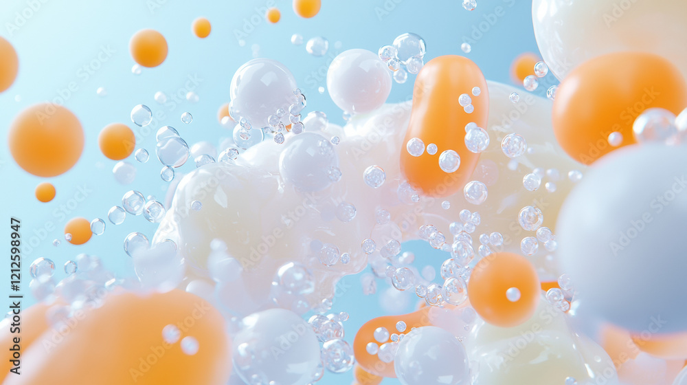 Aufkleber Dynamic visualization of cholesterol molecules with colorful spheres and bubbles, creating engaging scientific representation