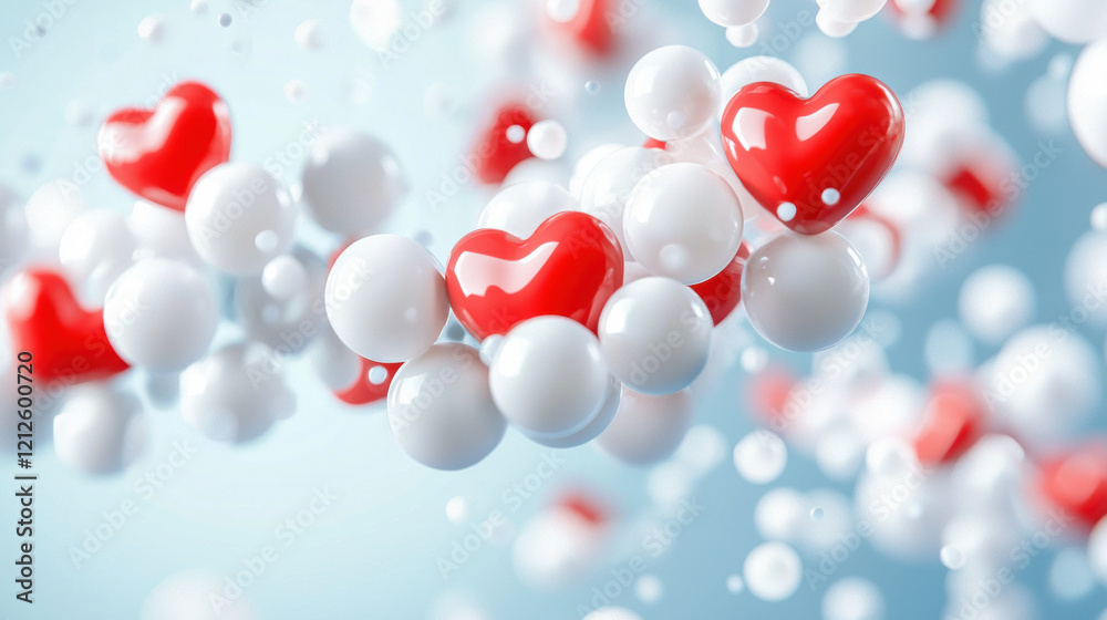Poster red and white hearts floating among bubbles create joyful atmosphere. perfect for themes of love and