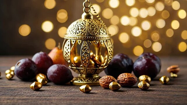 kurma on the table for break fasting against bokeh lamp