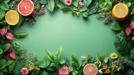 Fruity border with citrus and berries on a green background