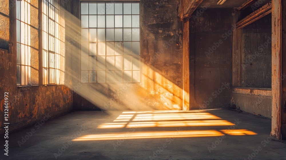 Poster sunlight streams through windows in abandoned factory room