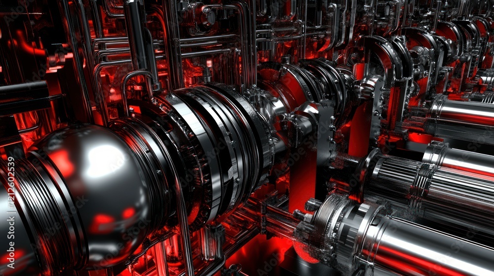 Poster intricate metallic engine close up detailed red glowing core