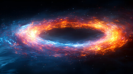 A vibrant ring of orange and blue gas swirls around a dark center in space