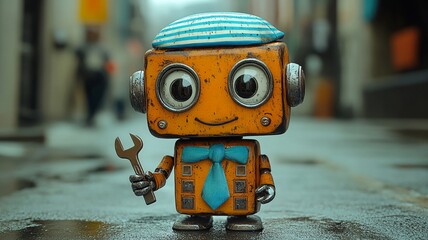 Retro Style Robot with Wrench in a Workshop