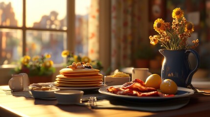 Fototapeta premium Sunny morning breakfast scene with pancakes, bacon, eggs, and flowers on a rustic wooden table.