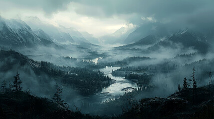 Misty Mountain River Valley: A Serene Landscape Panorama