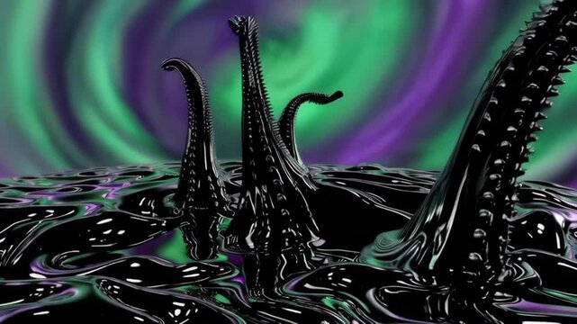 Mysterious black tentacles emerging from a dark liquid abyss under a swirling green and purple cosmic sky

