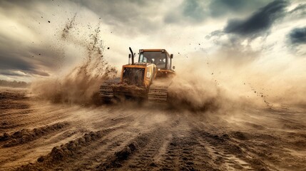 Fototapeta premium Powerful bulldozer moving earth, kicking up dust and mud in a dramatic scene.