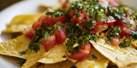 Freshly prepared plate of nachos topped with juicy tomatoes and aromatic herbs
