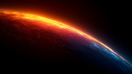 Bright sunlight lights up a round planet, with fiery orange on one side and blue on the other