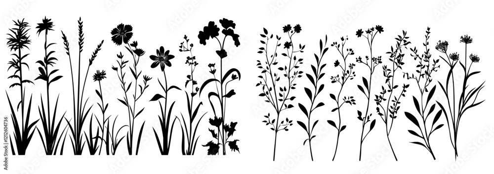 Wall mural Large silhouettes of botanical blossoms and floral elements, including branches, leaves, herbs, wild plants, and flowers. A garden, meadow, and field collection of leaf and foliage. Modern