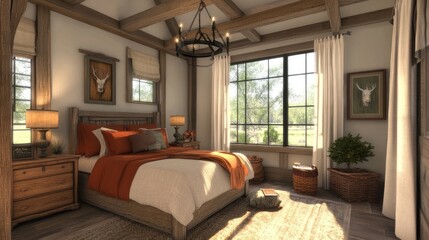 A rustic-themed bedroom featuring wooden beams, a farmhouse-style bed, and soft, earthy colors, creating a warm and inviting retreat in the countryside.