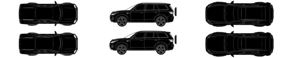 Crossover silhouette against a white backdrop. A set of vehicle icons viewed from the side, front, back, and top