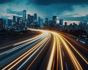 Fototapeta premium A vibrant city skyline at dusk, featuring dynamic light trails from bustling traffic on a highway.