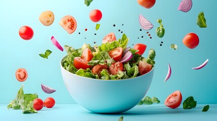 Colorful Vegetable Salad in Bowl with Flying Ingredients