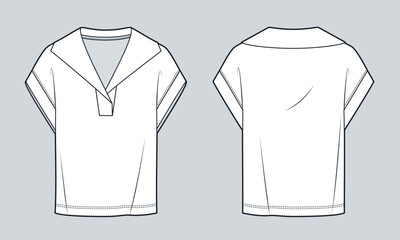 Top with Sailor Collar fashion flat tehnical drawing template. Unisex T-Shirt technical fashion illustration, v neck, relaxed fit, front and back view, white, women, men, unisex CAD mockup.