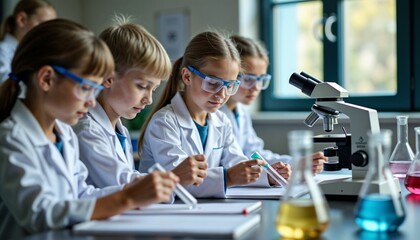 Enthusiastic elementary students conducting laboratory experiment in white coats