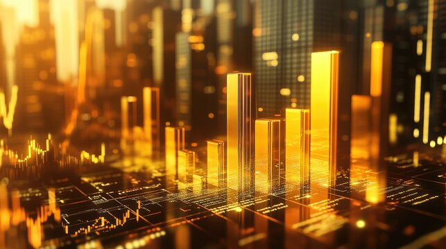 A shining D gold bar chart with tall bars and shadows, rising from a digital platform filled with stock data, representing gold as a stable investment.