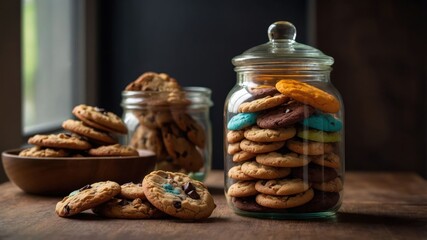 A collection of assorted cookies in jars and a bowl, inviting and delicious.
