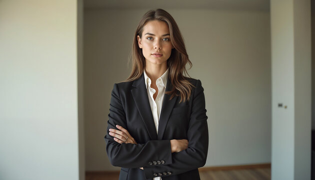 Confident businesswoman in formal attire with assertive pose