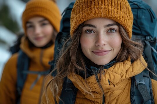 Two female hikers with backpacks trekking through snowy terrain, possibly on a winter adventure or expedition