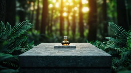 Elixir of Life Concept, Ethereal Glowing Elixir Bottle in Forest Clearing Surrounded by Lush Greenery and Soft Golden Light