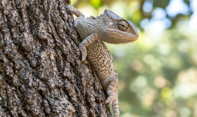 Fototapeta premium Closeup shot of Indian chameleon climbing on tree in forest