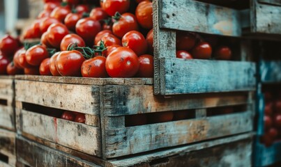 Close-up view of a stack of wooden crates overflowing with plump red tomatoes some of which have been bruised or damaged, crate, ripeness