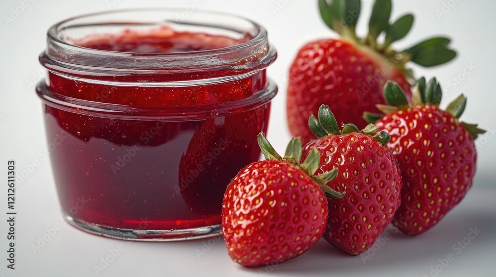 Wall mural A jar of strawberry jam next to three fresh strawberries