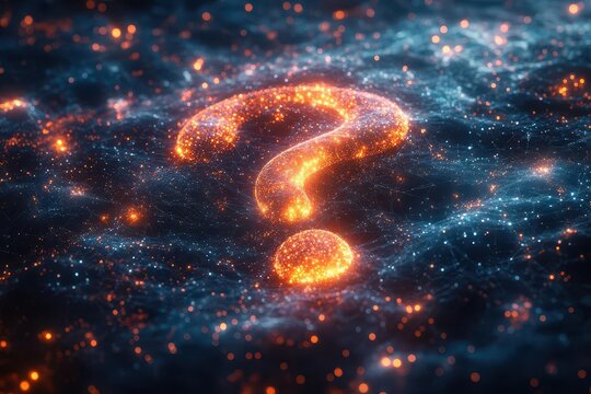 ethereal glowing question mark suspended in a cosmic void, surrounded by floating geometric particles and neural network connections, iridescent lighting