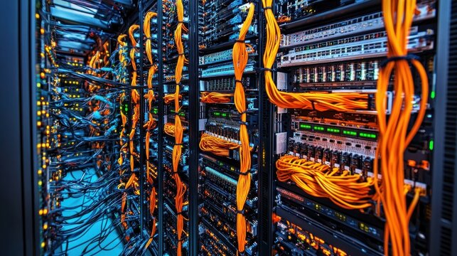 Network server room with orange fiber optic cables and equipment.