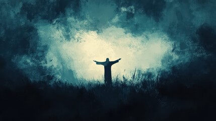 Silhouette Figure Open Arms In Dark Landscape