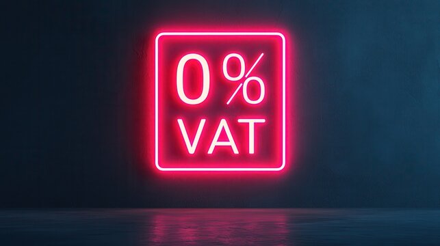 Bright neon sign displaying 0% VAT on a dark, reflective surface, emphasizing tax-free shopping opportunities.