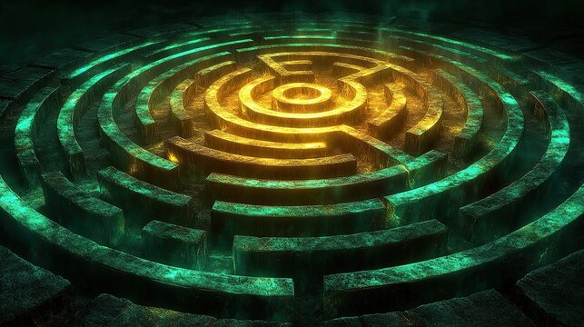 A glowing circular labyrinth with deep grooves emitting a mystical golden-green light