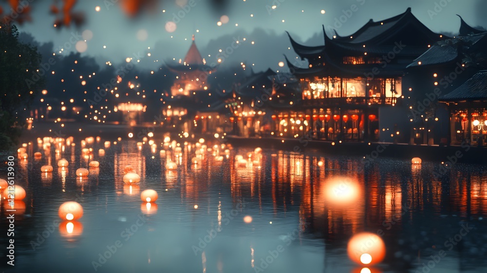 Aufkleber serene night scene of traditional asian architecture reflecting on water with lanterns and soft illu