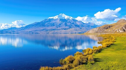 Obraz premium Andes mountain lake reflection, sunny day, travel postcard