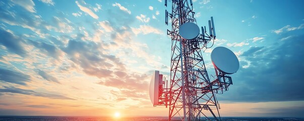 A towering telecommunications tower with satellite dishes against a beautiful sunset and cloudy sky.